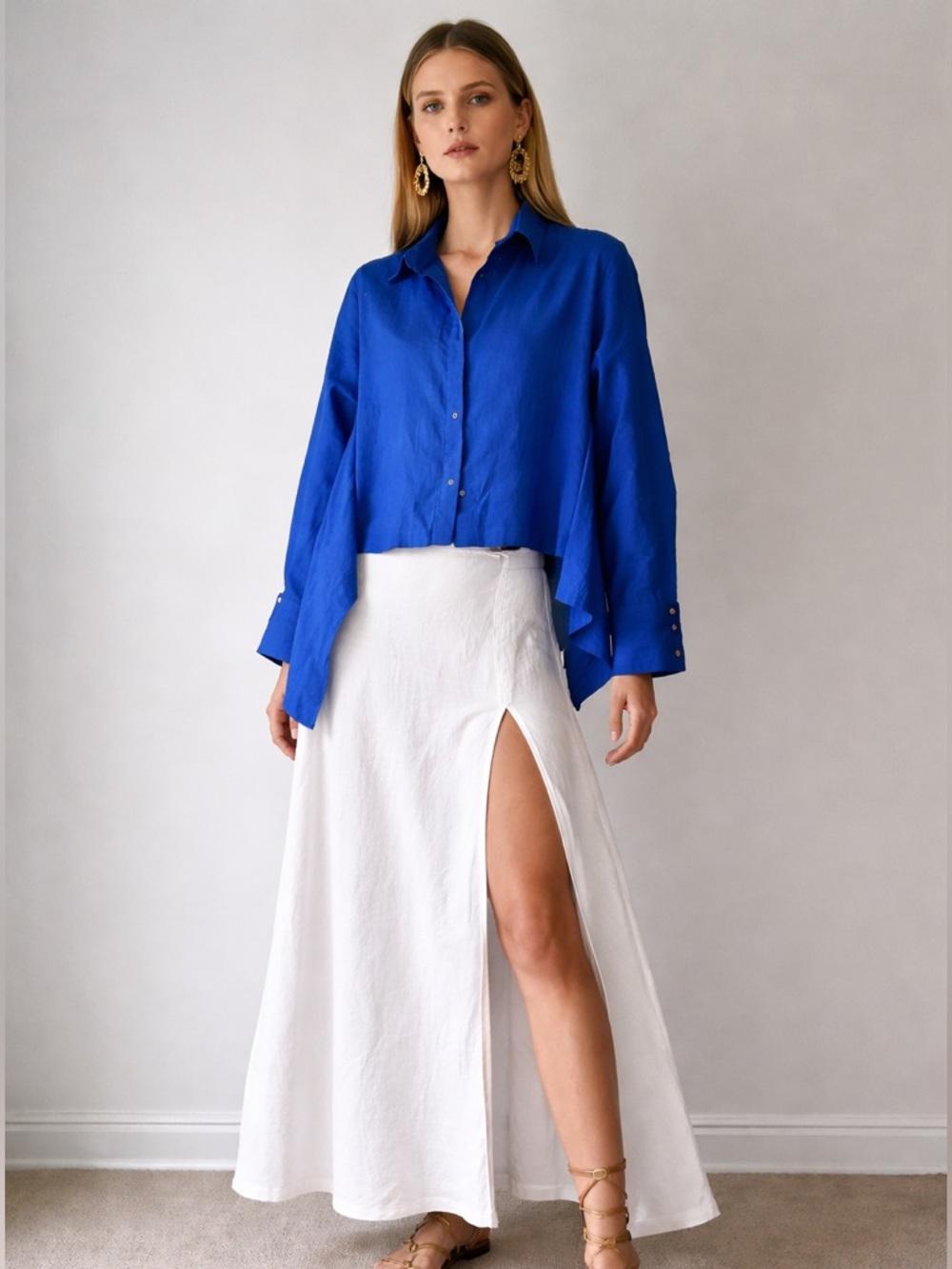 Golnar Aksheh Blue Linen Oversized Shirt Architectural Button Detail Large